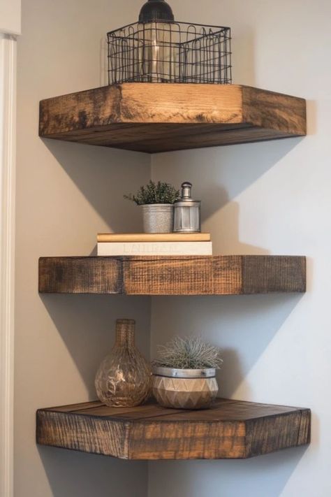 "Maximize your space with DIY floating corner shelves! Perfect for small rooms or awkward corners. 🛠️✨ #DIYHomeDecor #CornerShelves #SpaceSaving" Diy Floating Corner Shelves, Kitchen Ideas Furniture, Corner Shelving Ideas, Corner Shelf Decor, Corner Shelves Living Room, Ikea Kitchen Installation, Small Corner Shelves, Diy Corner Shelf, Rustic Corner Shelf