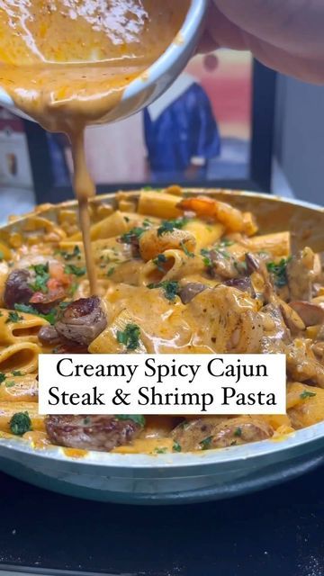 Seafood Thanksgiving, Spicy Cajun Shrimp, Sausage Penne Pasta, Steak Shrimp, Spicy Steak, Sausage Rigatoni, Penne Pasta Recipes, Crab Pasta, Cajun Shrimp Pasta