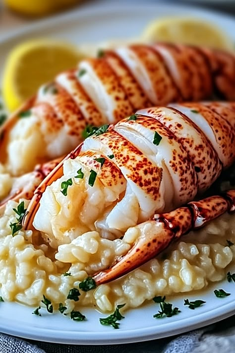 Butter Poached Lobster Tails with Risotto Lobster Rositto, Poached Lobster In Butter Recipe, Lobster Dishes Fine Dining, Lobster Recipes Dinners, Fancy Fish Dinner, Luxury Food Dinners, Lobster Ideas, Lobster Tail Dinner, Lobster Risotto Recipe