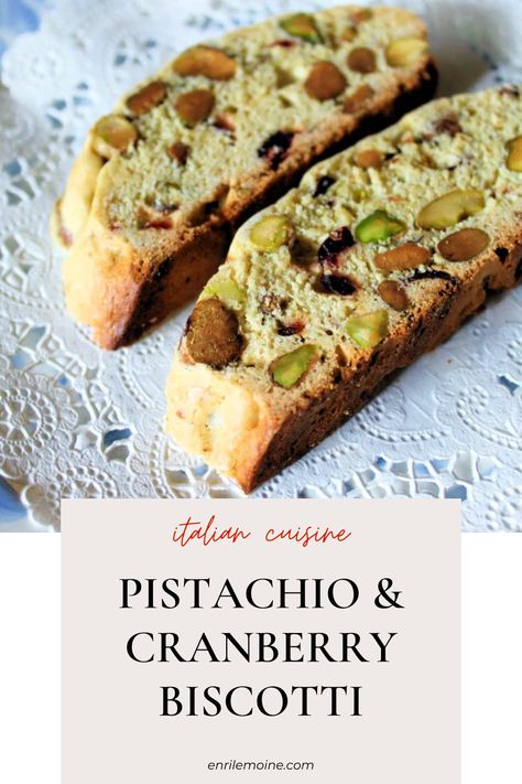 These are the most delicious pistachio and cranberry biscotti ever. These biscotti are undoubtedly the richer cousins of those Cantucci di Prato (almond and anise cookies) from Tuscany, Italy. They are perfecto as a snack, fior breakfast, an also as a homemade present for the holiday season. Visit my blog for the step-by-step recipe #byenrilemoine Cranberry Biscotti Recipe, Bacon Bits Recipes, Christmas Biscotti, Cranberry Biscotti, Cranberry Pistachio Biscotti, Anise Cookies, Pistachio Biscotti, Cranberry Pistachio, Almond Biscotti