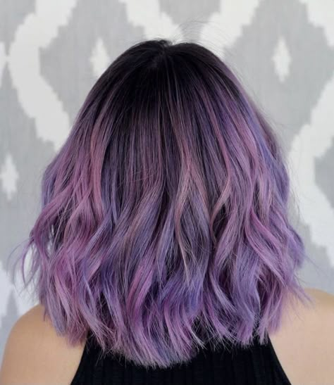 Purple Hair Inspo Short, Silver Purple Pink Hair, Dyed Hair Inspiration Short Hair Purple, Short Purple Ombre Hair, Purple Dyed Hair Short, Lilac And Black Hair, Lilac Hair Dark Roots, Light Purple Hair Highlights, Short Hair Purple Highlights