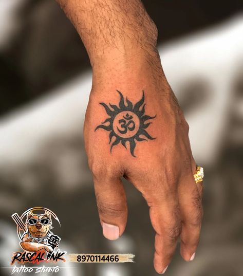 Om Sun Tattoo, Sun With Om Tattoo, Om Tattoo Hand, Om Tattoo Design Men, Sivan Tattoo Designs, Tettu Design Tattoo, Rajput Tattoo, Hindu Tattoos Small, Ohm Tattoo Design