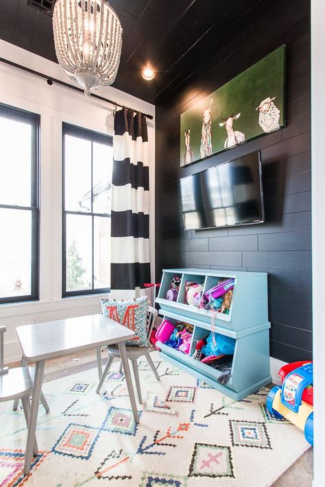 Sunroom Playroom, Black Shiplap, Farmhouse Playroom, Modern Playroom, Bead Chandelier, Shiplap Walls, Basement Playroom, Wood Bead Chandelier, Playroom Design