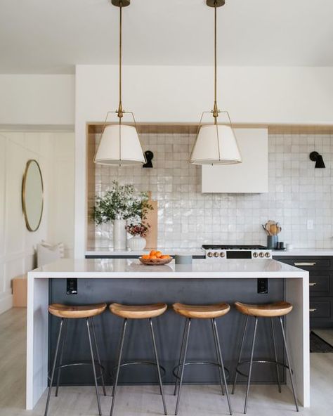 E. INTERIORS • design studio on Instagram: "The kitchen in our #savannahlaneproject is one of our favorite spaces! It’s layered and unique and although not supersized, it’s functional while being beautiful! It’s inviting with its wood elements, earthy tile and contrasting cabinets!" No Upper Kitchen, Kitchen No Uppers, Kitchen No Upper Cabinets, No Upper Cabinets, Upper Cabinets, March 20, Interiors Design, Kitchen Reno, Interior Design Studio