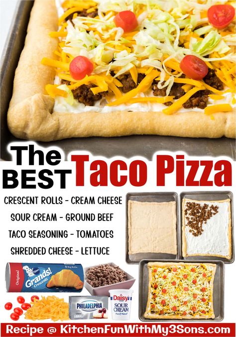 Pizza Crust Dinner Ideas, Crescent Roll Taco Pizza, Easy Teen Dinner Ideas, Sheet Pan Taco Pizza, Spring Dinner Ideas Families, Taco Pizza With Crescent Rolls, Taco Pie With Crescent Rolls, Homemade Taco Pizza Recipes, Homemade Taco Pizza