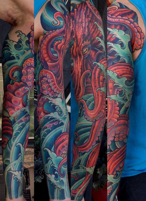 Octopus Full Sleeve Tattoo, Large Octopus Tattoo, Japanese Octopus Tattoo Sleeve, Octopus Tattoos Sleeve, Japanese Octopus Tattoo Design, Japanese Octopus Tattoo, Larry Tattoos, Space Tattoo Ideas, Tattoo Octopus