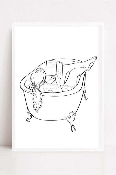 Lady In Bathtub Art, Girl In Tub Drawing, Woman In Bathtub Drawing, How To Draw A Bathtub, Bathroom Sketch Drawing, Bathtub Doodle, Saltburn Tattoo, Bathtub Drawing Reference, Bathroom Illustration Drawing