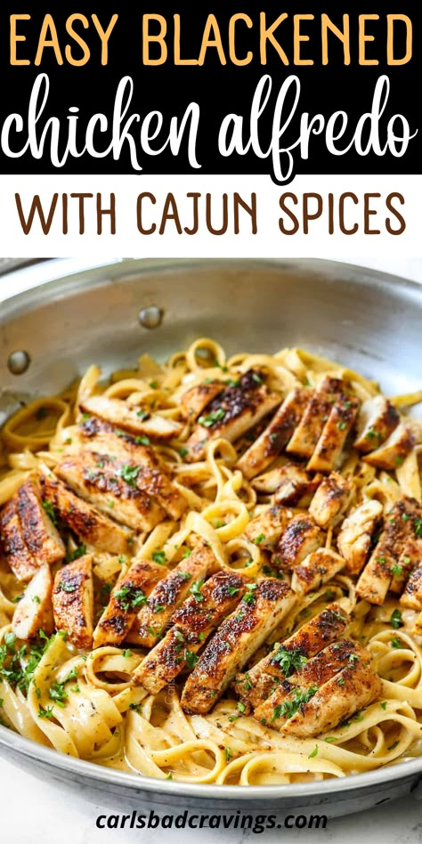 Cajun Shredded Chicken, Pasta And Grilled Chicken, Grilled Chicken Alfredo Pasta Recipes, Blacken Chicken Alfredo, Chicken Seasoning For Alfredo, Blacken Chicken Pasta, Blackened Cajun Chicken Pasta, Cajun Garlic Parmesan Alfredo, Blackened Cajun Chicken Alfredo