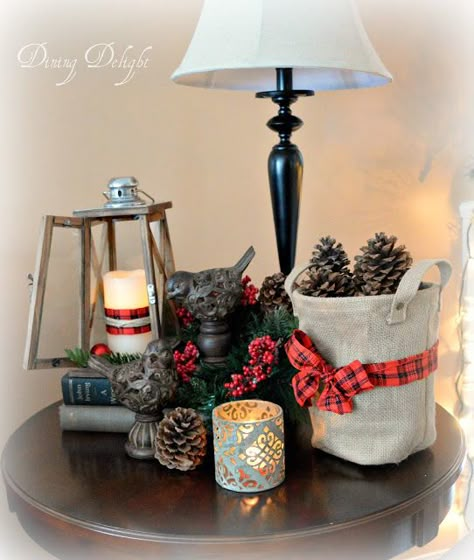 Dining Delight: Christmas Decor for End Tables                                                                                                                                                                                 More End Table Christmas Decor Ideas, Christmas End Table Decor, Christmas End Table Decor Ideas, Christmas End Table, End Table Christmas Decor, Side Table Christmas Decor, Decorating End Tables, End Table Decor, Table Christmas Decor