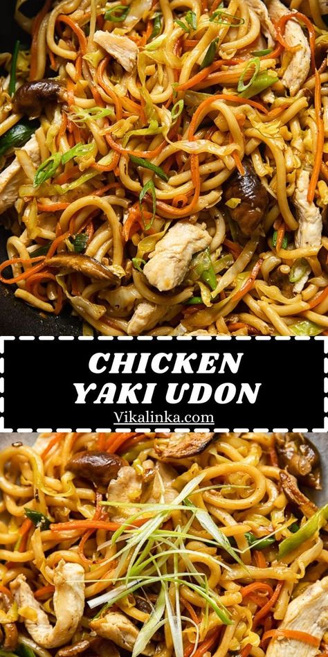 This recipe for yaki udon delivers stellar results and only requires 20 minutes of your time! Noodles tossed with simple vegetables and chicken are flavoured by a savoury sauce that is so easy to put together. Chicken And Udon Noodles, Udon Noodles Chicken, Yaki Udon Chicken, Udon Pasta Recipe, Asian Noodle Dishes Chicken, Yakiudon Recipe Stir Fry, Udon Noodle Stir Fry Chicken, Udon Noodle Dishes, Yaki Soba Recipe