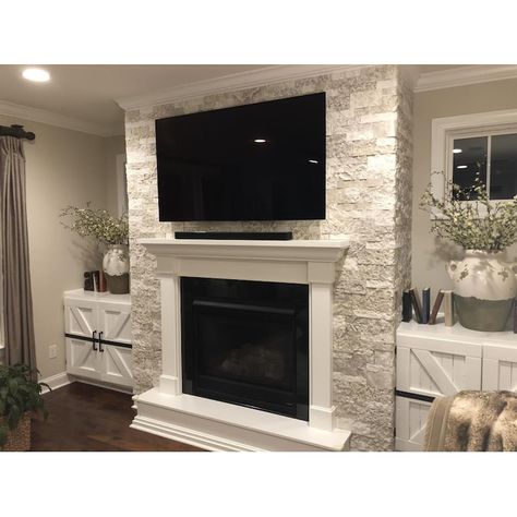 Airstone Fireplace, Faux Stone Fireplaces, White Stone Fireplaces, Stone Veneer Fireplace, Faux Stone Veneer, Stone Fireplace Wall, Stacked Stone Fireplaces, Faux Stone Panels, Living Room Decor Fireplace