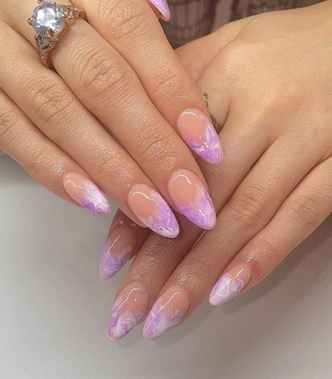 Lavender and white smoky marble French tips on almond nails Tips On Almond Nails, French Tips On Almond Nails, Lavender Nail Designs, Lilac Nails Design, Pearl Chrome, Purple Ombre Nails, Franklin Bbq, Nails Chrome, Lilac Nails