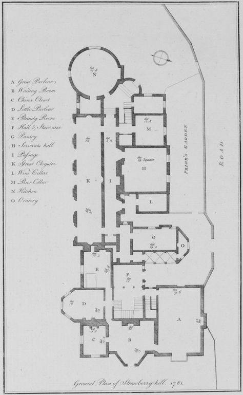 Ground Plan of Strawberry Hill (1748-1777 CE) England - an example of Gothic Picturesque Belgian House, Ideas House Design, Strawberry Hill House, Horace Walpole, Ground Plan, Gothic Revival House, House Design Plans, Ideas For House, English Houses