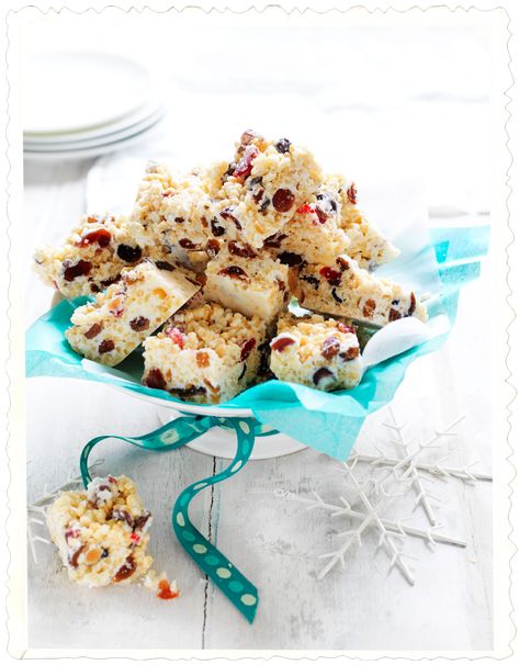 White Christmas | Copha Christmas Slice, Easy Ice Cream Sandwiches, No Bake Slices, Chocolate Crackles, Easy Home Recipes, Rice Bubbles, Slice Recipe, Glace Cherries, Easy Ice Cream