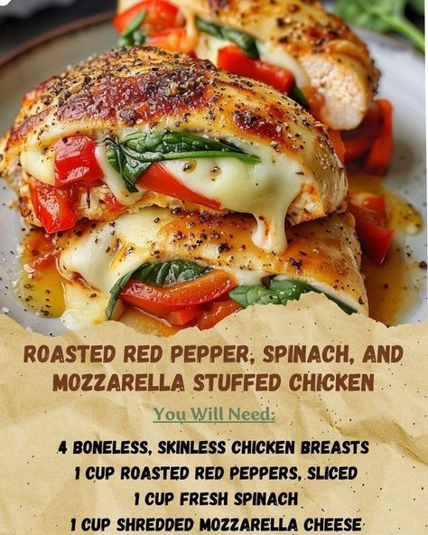 Easy recipes Roasted Red Pepper Spinach Stuffed Chicken, Red Pepper And Chicken Recipes, Roasted Red Pepper And Spinach Stuffed Chicken Breast, Roasted Red Pepper Spinach Mozzarella Chicken, Chicken Mozzarella Spinach Recipes, Dinner Recipe Chicken Breast, Healthy Carb Recipes, Spinach And Roasted Red Pepper Stuffed Chicken, Stuffed Chicken Breast With Roasted Red Peppers