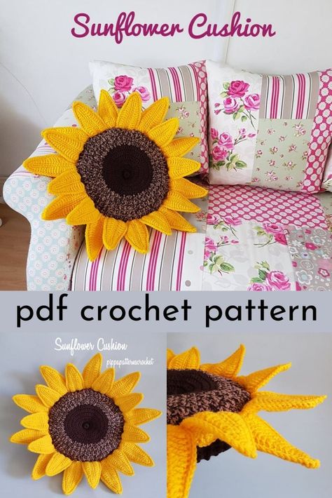 Fun and cheery sunflower cushion crochet pattern. Lovely handmade throw pillow to cheer up your living room! #crochetpattern #crochetpillow #crochetcushion #crochetsunflower #craftevangelist Sunflower Crochet Gift Ideas, Sunflower Pillow Crochet Pattern, Crochet Sunflower Pillow Pattern Free, Sunflower Pillow Crochet, Crochet Flower Cushion, Sunflower Cushion, Crochet Cushion Covers, Cushion Crochet, Crochet Cushion Pattern