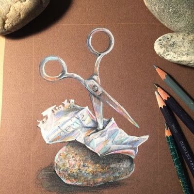 flying shoes art studio: ROCK, PAPER, SCISSORS colored pencil drawing Rock Paper Scissors Drawing, Rock Paper Scissors Tattoo, Scissors Drawing, Pumpkin Sculpting, Face Challenge, Scissors Art, Pencils Drawings, Soccer Art, Hair Salon Decor