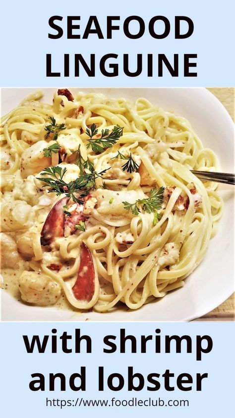 Sweet, juicy lobster chunks and succulent garlic shrimp, swimming in a mouthwatering creamy sauce, served on a bed of perfectly cooked linguine. #foodleclub #homemade #lobsterlinguine #seafoodpasta #bestpastarecipes Pasta Recipes Linguine, Lobster Pasta Recipe, Lobster Linguine, Creamy Seafood Pasta, Seafood Linguine, Easy Suppers, Creamy Seafood, Lobster Pasta, Crab Pasta