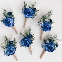 I think this would be pretty if the rose were lighter and gold wire was used instead of twine. Royal Blue Boutonniere, Navy Wedding Bouquet, Royal Blue Wedding Theme, Blue Boutonniere, Bridesmaid Corsage, Rustic Boutonniere, Groomsmen Boutonniere, Blue Wedding Bouquet, Silk Wedding Bouquets