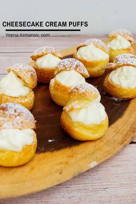 Here's taking the classic cream puffs to the next level. These cheesecake cream puffs are filled with a delicious cream cheese mixture similar to my no-bake cheesecake. #creamcheese #cheesecake #creampuffs #cheesecakecreampuffs #creamcheesepuffs #cheesecakecreampuff #desserts #pastry #howtocreampuffs Cream Puff Pastry, Cream Puffs Easy, Cream Cheese Puffs, Cheese Puffs Recipe, Cheesecake Cream, Make Cheesecake, Desserts Pastry, Fall Desserts Easy, How To Make Cheesecake