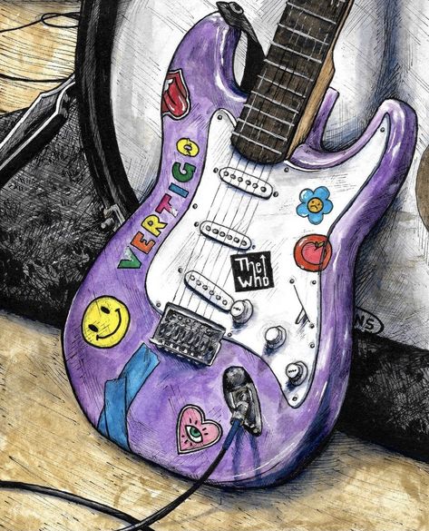 Guitar Watercolor Painting, Painted Electric Guitar, Electric Guitar Painting, Electric Guitar Drawing, Music Art Painting, Guitar Sketch, Ap Drawing, Guitar Drawing, Abc Art