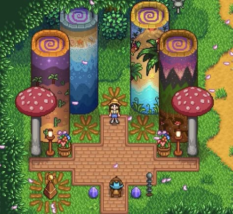 Stardew Valley Storage Layout, Obelisk Stardew Valley, Stardew Expanded Farm Layout, Stardew Decoration Ideas, Stardew Obelisk, Stardew Junimo Hut Layout, Stardew Valley Farm Decoration Ideas, Stardew Outdoor Decor, Stardew Obelisk Layout