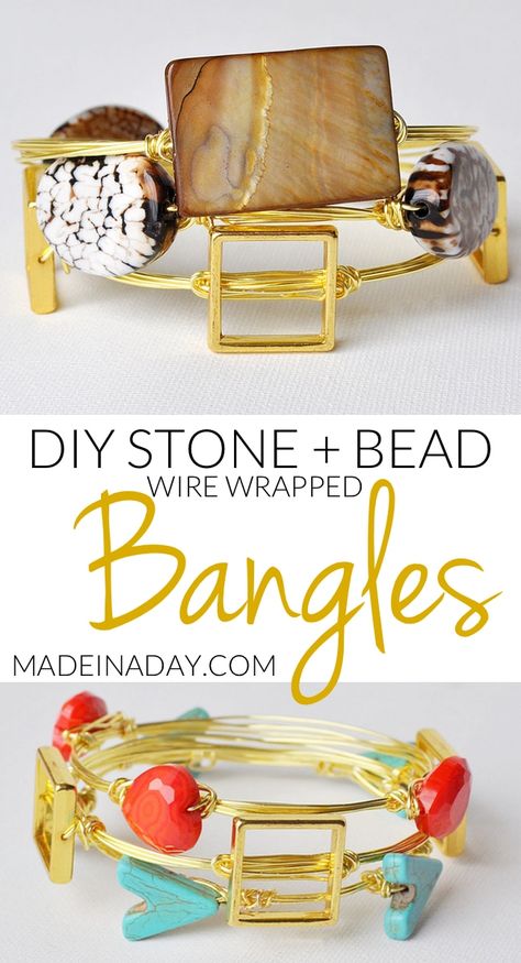 Bracelets With Stones, Bracelets Heart, Wrap Bracelet Tutorial, Wrapped Bracelets, Diy Bangle Bracelets, Bead Wire, Wire Wrapped Bangles, Wire Bracelets, Wire Bangles