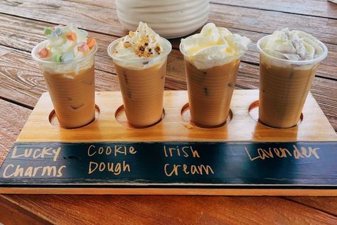 Iced Coffee Flight Board, Coffee Flight Ideas, Coffee Flights, Coffee Lavender, Coffee Shop Drinks, Drink Flights, Happy Hobbies, Coffee Food Truck, Lavender Latte