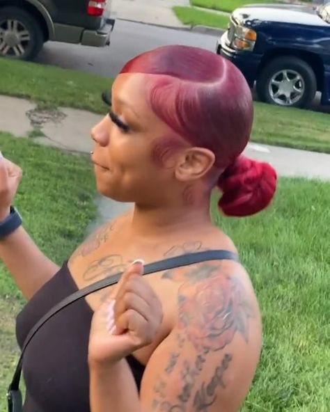 Red Bun Black Women, Slick Back Swoop Natural Hair, Red Swoop Ponytail Weave, Red Swoop Wig, Swoop Back Ponytail, Side Part Bun With Edges, Swoop Ponytail Weave Bun, Burgundy Sleek Ponytail Weave, Color Ponytail Hairstyles Black