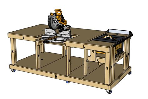 Table Saw Bench, Woodworking Outdoor Furniture, Desk Spaces, Workbench Plan, Woodshop Tools, Bench Desk, Table Saw Workbench, Garage And Workshop, Workbench Ideas