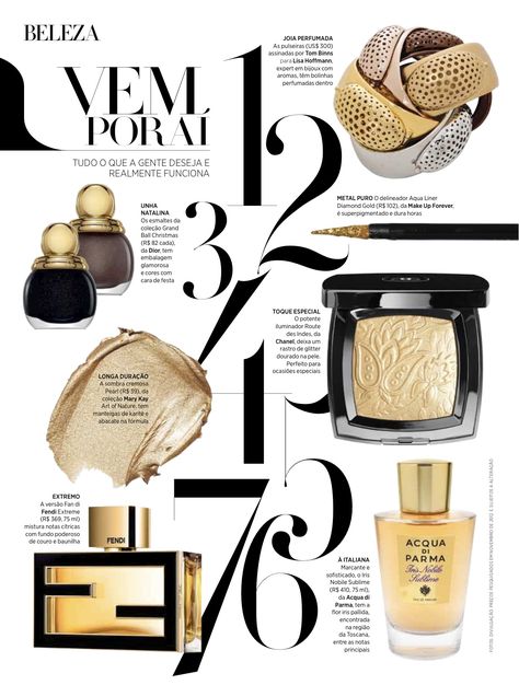 Tom Binns x Lisa Hoffman Beauty Fragrance Cuffs. Harper's Bazaar Brazil - March 2013 Beauty Magazine Layout Design, Cool Magazine Layouts, Beauty Magazine Layout, Lay Out Design, Magazine Layout Ideas, Magazine Yearbook, Product Magazine, Magazine Editorial Design, Beauty Layout