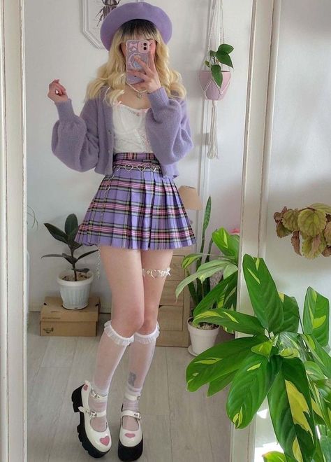 Kawaii Outfit Ideas, Pastel Girl, Purple Outfits, Kawaii Fashion Outfits, Skirt Outfit, Plaid Skirt, Really Cute Outfits, Kawaii Clothes, Harajuku Fashion