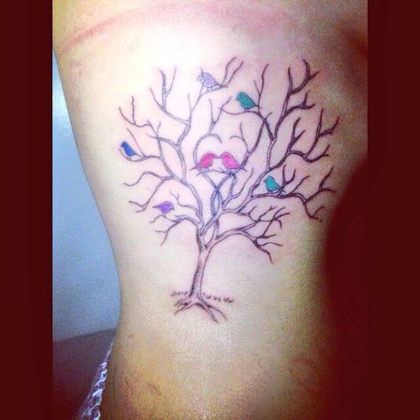 Family tree tattoo! All birds are colour coated by the birthstone colour of each family member. Family Tree Tattoo Designs, Tree With Birds Tattoo, Family Name Tattoos, Family Tree Design, Tree Sleeve Tattoo, Family Tree Designs, Family Tree Tattoo, Tree Tattoos, Tree Tattoo Designs