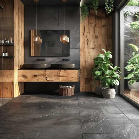 10+ Bold Black Bathroom Flooring Ideas for a Striking Look • 333k+ Inspiring Lifestyle Ideas & Images Wood Plank Bathroom Floor, Cascade Ridge Slate Tile Bathroom, Black Bath Bathroom Ideas, Black Slate Shower Wall, Black Tile Powder Room Floor, Black Stone Floor Bathroom, Bathroom Design Black Floor, Masculine Bathroom Tile Ideas, Slate Grey Bathroom Tile