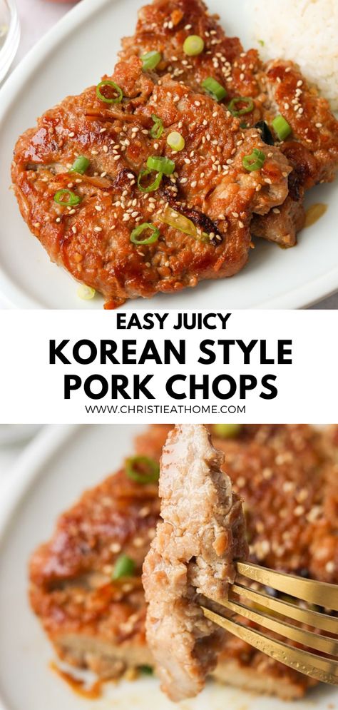 My Korean fried pork chops are succulent, juicy, tender and delicious! These boneless pork chops are marinated in a Korean bulgogi sauce. It will totally satisfy your taste buds. A perfect main for any weeknight meal! I also share how to make these spicy. Ready in 30 minutes! Pork Chops Korean Style, Sweet Pork Marinade, Korean Pork Chops Gochujang, Easy Asian Pork Recipes, Asian Fried Pork Chops, Gochujang Pork Chops, Chinese Pork Chops Recipes Asian Style, Vietnamese Pork Chops Marinade, Twice Cooked Pork Chinese