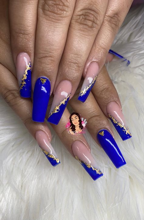 Simple Royal Blue Nails Acrylic, Blue Prom Nails Coffin, Royal Blue Quinceanera Nails Short, Royal Blue Nails With Gold Flakes, Prom Nails Blue And Gold, Royal Blue 15 Nails, Royal Blue Nails And Gold, Royal Acrylic Nails, Royal Blue Acrylic Nails Medium Length