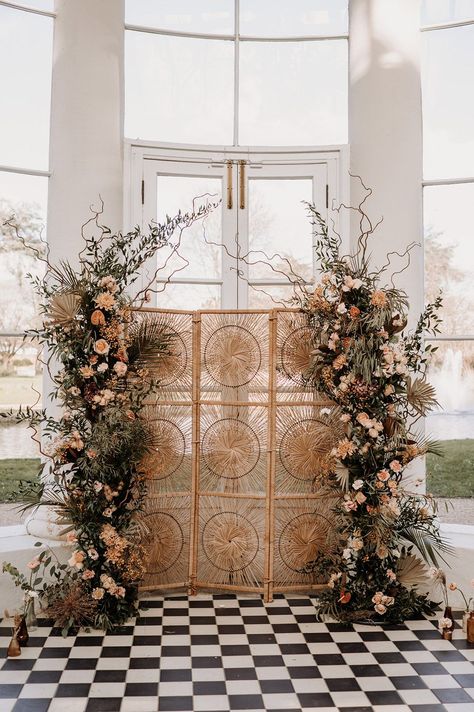 Wicker screen divider and column flower altar decor at Gunnersbury Park wedding venue in London Room Divider Wedding Decor, Autumn Floral Arch, Floral Room Divider, Bohemian Engagement Decor, Wedding Arch Alternative Indoor, Wedding Alter Flower Pillars, Room Divider Wedding Backdrop, Nikkah Divider, Wedding Columns Decor