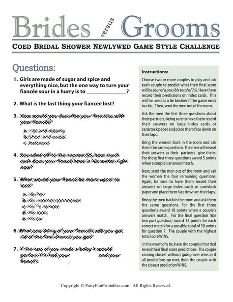 Enjoy this fun collection of group involving bridal shower games. Includes bridal bingo, bridal mad libs, wedding trivia, panty poem, candy game, newlywed game, bridal feud, scavenger hunts and more. Bridal Shower Newlywed Game, Bridal Shower Question Game, Fun Shower Games, Bridal Shower Questions, Bridal Shower Games Funny, Wedding Trivia, Wedding Ides, Newlywed Game, Game Questions