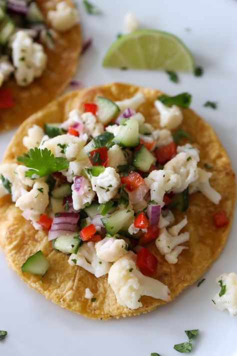 This Cauliflower Ceviche Tostada recipe from The Whole Smiths is simple, delicious and healthy. The cauliflower ceviche is just as delicious served alone as it is tostada style. Vegetarian Ceviche, Ceviche Tostada, Tostada Recipe, Tostada Recipes, Raw Cauliflower, Ceviche Recipe, Vegan Cauliflower, Dinner Inspiration, Vegetarian Cooking