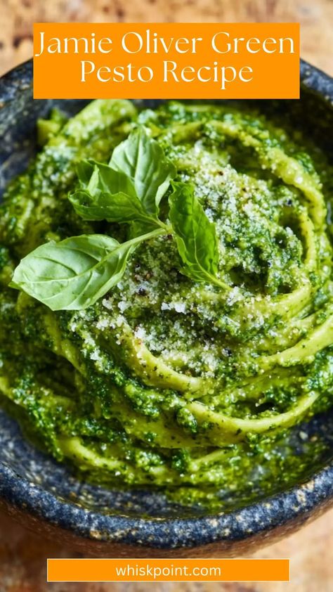 Jamie Oliver Green Pesto Recipe – Whisk Point Green Chef Recipe Cards, Green Pesto Recipe, Pesto Recipe Vegan, Healthy Pesto Recipe, Best Pesto Recipe, Easy Pesto Recipe, Jamie Oliver 5 Ingredients, Green Chef Recipes, Pesto Sauce Recipe