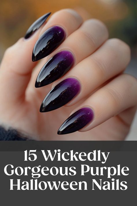 Elevate your Halloween nail game with stunning purple nail designs! Whether you prefer bold and vivid hues or subtle and elegant tones, purple Halloween nails acrylic is the perfect way to add a pop of color to your spooky season style. From intricate spider webs to cute little pumpkins, there are endless possibilities to showcase your creativity this Halloween. Turn heads and make a statement with these eye-catching purple nail art ideas that will definitely get you in the festive spirit. Deep Purple Sparkle Nails, Black Cat Eye Halloween Nails, Dark Purple Spooky Nails, Purple Mummy Nails, Purple Nail Designs Birthday, Dip Powder Halloween Nails Ideas, Vampire Ombre Nails, Black And Purple Ombre Nails Almond, Black And Purple Dip Powder Nails