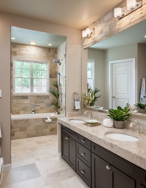 Bathroom Granite, Traditional Bathroom Remodel, Open Plan Bathrooms, Large Bathtubs, His And Hers Bathroom, Big Shower, Granite Bathroom, Open Showers, Luxury Master Bathrooms