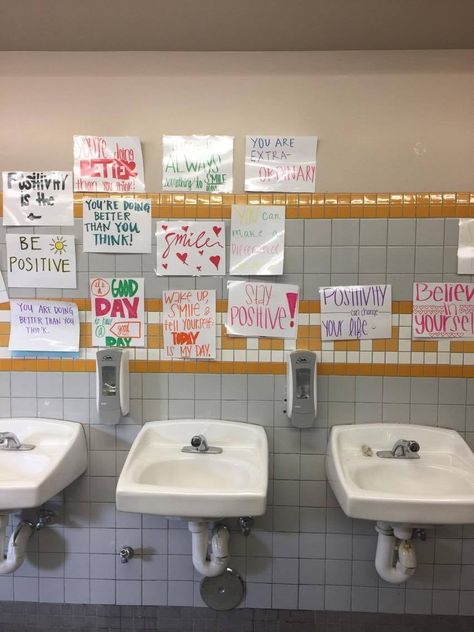 School Replaces Girls' Bathroom Mirrors With Positive Signs | POPSUGAR Family College Bathroom, California High School, Mirror Quotes, School Bathroom, White Bathroom Accessories, School Murals, Ra Ideas, Public Bathrooms, Mindfulness For Kids