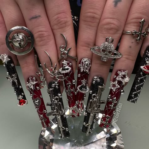 Long Black Nails Aesthetic Grunge, Goth Nails With Gems, Gothic Long Nails, Long Red And Black Acrylic Nails Design, Satanic Nails Acrylic, Big Square Nails, Alt Long Nails, Nails Xxl Square, 666 Nails Designs