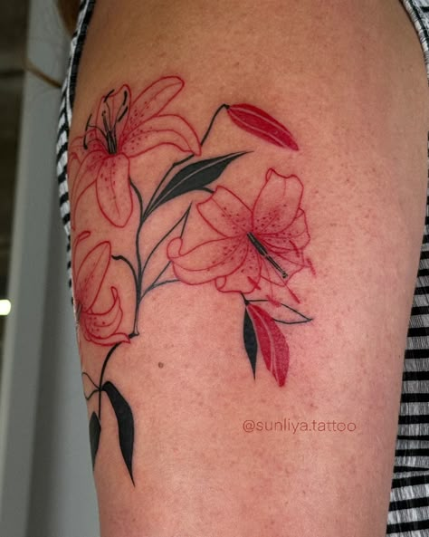 Tiger Lily flowers #tattoo #redtattoo #tattooart #tattooartist #tattooinspo #tigerlilytattoo #lilytattoo #londontattoo #uktattoo #tattoolondon #botanicaltattoo Pink Tiger Lily Tattoo, Pink Lilly Tattoo, Lily Flowers Tattoo, Lea Tattoo, Tiger Lily Tattoo, Stargazer Lily Tattoo, Tiger Lily Flowers, Lilly Tattoo, Tiger Lily Tattoos