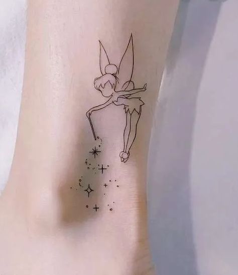 Latest 61 Fairy Tattoo Designs For Women, Meaning, Symbolism and Images - Tips and Beauty Cute Fairy Tattoos For Women, Fairy Tattoo On Leg, Tinkerbell Tattoo Designs, Faith Trust And Pixie Dust Tattoo, Disney Ankle Tattoo, Incredibles Tattoo, Tinkerbell Tattoo Tiny, Fine Line Disney Tattoo, Tinkerbell Tattoo Small