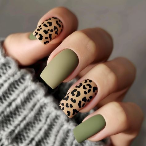 40 Iconic Olive Green Nails You’ll Love For That Perfect Aesthetic Nail Designs Older Women, Olive Green And Gold Nails Designs, Olive Green Toe Nails, Fall Nails Matte Short, Green Nail Color Ideas, Green Cheetah Nails, Khaki Green Nails, Fall October Nails, Olive Green Nails Designs