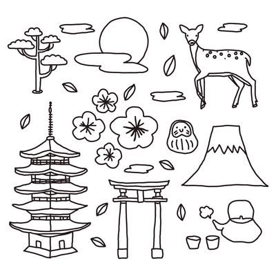 Japanese Elements Doodles Japanese Easy Drawings, Japan Easy Drawing, Japan Doodle Art, Japan Drawing Easy, Japanese Style Drawing, Japanese Doodles, Japan Sketch, Japan Journal, Japan Drawing