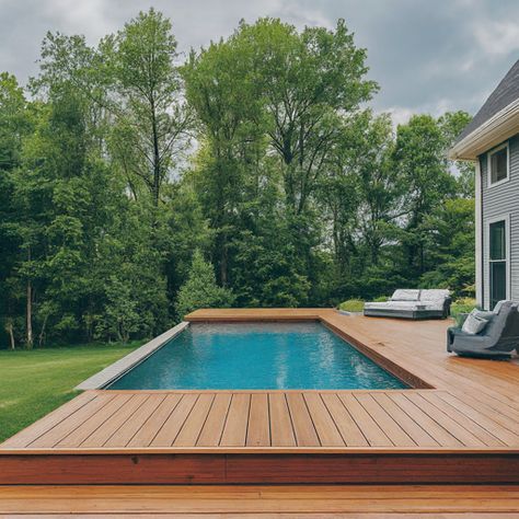 17 Easy Pool Deck Ideas » Comfy Ideas Wood Pool Deck Ideas Inground, Trex Deck Around Inground Pool, Pool With Wood Decking, Decking Around Pool Ideas, Pool With Decking Surround, Composite Pool Deck Ideas, Pool Built Into Deck, Overground Pool Ideas, Above Pool Deck Ideas