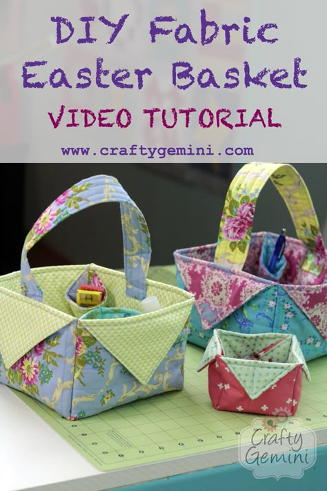 Crafty Gemini | DIY Fabric Easter Basket- Video Tutorial | http://craftygemini.com Cloth Baskets, Fabric Easter Basket, Crafty Gemini, Easter Sewing, Fabric Basket Tutorial, Boxes Diy, Diy Sewing Tutorials, Fabric Box, Basket Diy